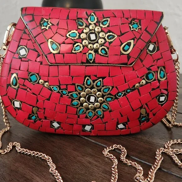 RAMLA Moroccan Mosaic Bag- Red & Gold - Picture 2 of 10
